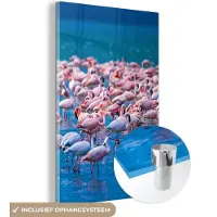 MuchoWow - Glasschilderij - Foto op glas - Acrylglas - Dieren - Flamingo - Zwart - Wit - Grijs - Wanddecoratie - 120x180 cm - Glasschilderij dieren - Schilderij glas - Decoratie woonkamer
