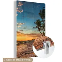 MuchoWow Glasschilderij - Schilderij zee - Strand - Horizon - Palmboom - Zee - Landschap - 120x180 cm - Acrylglas - Kamer decoratie - Foto op glas - Glazen schilderij