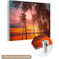 MuchoWow Glasschilderij - Foto op glas - Acrylglas - Palmboom - Strand - Zee - Zon - 160x120 cm - Glasschilderij strand - Glasschilderij natuur - Schilderij glas - Kamer decoratie - Woonkamer