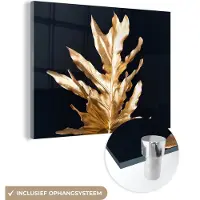MuchoWow Glasschilderij 160x120 cm - Schilderij acrylglas - Bladeren - Goud - Herfst - Natuur - Luxe - Foto op glas - Schilderijen