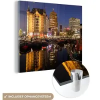 MuchoWow Glasschilderij 20x20 cm - Schilderij acrylglas - Rotterdam - Haven - Licht - Foto op glas - Schilderijen