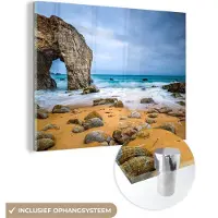 MuchoWow Glasschilderij - Rots - Stenen - Water - Foto op glas - Wanddecoratie - 160x120 cm - Acrylglas - Schilderij glas - Muurdecoratie - Glasschilderij natuur - Glasschilderij zee