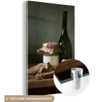 MuchoWow Glasschilderij 120x180 cm - Schilderij acrylglas - Rustiek - Brie - Stilleven - Fles - Brood - Foto op glas - Schilderijen