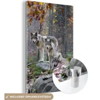 MuchoWow Glasschilderij 80x120 cm - Schilderij acrylglas - Wolven - Rots - Bos - Foto op glas - Schilderijen