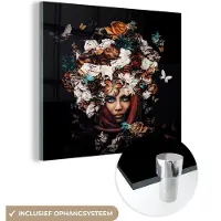 MuchoWow Glasschilderij 50x50 cm - Schilderij acrylglas - Bloemen - Vlinder - Vrouwen - Hoofddoek - Foto op glas - Schilderijen