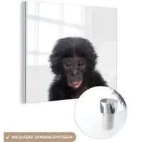 MuchoWow Glasschilderij 20x20 cm - Schilderij acrylglas - Aap - Dieren - Chimpansee - Kind - Jongen - Foto op glas - Schilderijen