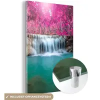 MuchoWow - Glasschilderij - Acrylplaat - Waterval - Boom - Roze - Acrylglas - Foto op glas - Glasschilderij waterval - 80x120 cm - Wanddecoratie - Muurdecoratie