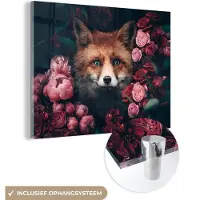 MuchoWow Glasschilderij 120x90 cm - Schilderij acrylglas - Vos - Bloemen - Botanisch - Dieren - Foto op glas - Schilderijen