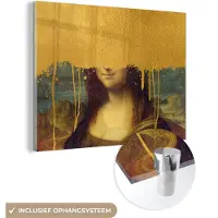 MuchoWow Glasschilderij 40x30 cm - Schilderij acrylglas - Mona Lisa - Goud - Da Vinci - Foto op glas - Schilderijen