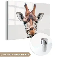 MuchoWow Glasschilderij 30x20 cm - Schilderij acrylglas - Jongens - Giraffe - Dieren - Kop - Portret - Kind - Meisjes - Foto op glas - Schilderijen