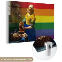 MuchoWow Glasschilderij 60x40 cm - Schilderij acrylglas - Melkmeisje - Vermeer - Pride vlag - Foto op glas - Schilderijen