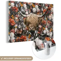 MuchoWow Glasschilderij 30x20 cm - Schilderij acrylglas - Schotse hooglander - Bloemen - Oranje - Foto op glas - Schilderijen