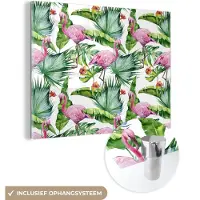 MuchoWow Glasschilderij 120x90 cm - Schilderij acrylglas - Bladeren - Flamingo - Bloemen - Jungle - Foto op glas - Schilderijen