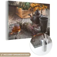 MuchoWow Glasschilderij 180x120 cm - Schilderij acrylglas - Thee - Theepot - Kruiden - Foto op glas - Schilderijen