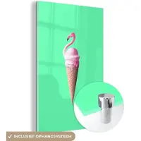 MuchoWow Glasschilderij 20x30 cm - Schilderij acrylglas - IJshoorntjes - IJs - Flamingo - Roze - Groen - Foto op glas - Schilderijen