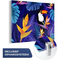 MuchoWow Glasschilderij 40x30 cm - Schilderij acrylglas - Jungle - Toekan - Bloemen - Planten - Kinderen - Paars - Dieren - Foto op glas - Schilderijen