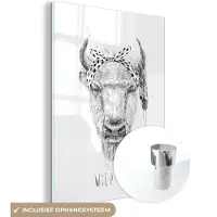 MuchoWow Glasschilderij 90x120 cm - Schilderij acrylglas - Stier - Wild one - Hoofdband - Stippen - Foto op glas - Schilderijen