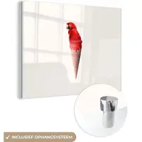 MuchoWow Glasschilderij 160x120 cm - Schilderij acrylglas - IJs - Papegaai - Rood - IJshoorntjes - Wit - Foto op glas - Schilderijen