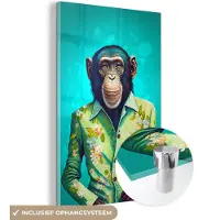 MuchoWow Glasschilderij 60x90 cm - Schilderij acrylglas - Aap - Blouse - Bloemen - Groen - Portret - Foto op glas - Schilderijen