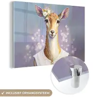 MuchoWow Glasschilderij 30x20 cm - Schilderij acrylglas - Hert - Bloemen - Verf - Portret - Dieren - Foto op glas - Schilderijen