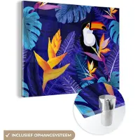 MuchoWow Glasschilderij 160x120 cm - Schilderij acrylglas - Jungle - Toekan - Bloemen - Planten - Kinderen - Paars - Dieren - Foto op glas - Schilderijen