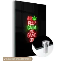 MuchoWow Glasschilderij 60x80 cm - Schilderij acrylglas - Gaming - Neon - Keep calm and game on - Rood - Tekst - Foto op glas - Schilderijen