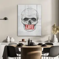 MuchoWow Glasschilderij 60x80 cm - Schilderij acrylglas - Schedel - Life - Tekening - Rood - Doodskop - Foto op glas - Schilderijen
