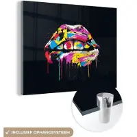 MuchoWow Glasschilderij 120x90 cm - Schilderij acrylglas - Lippen - Kleurrijk - Verf - Zwart - Foto op glas - Schilderijen