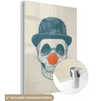 MuchoWow Glasschilderij 90x120 cm - Schilderij acrylglas - Schedel - Clown - Hoed - Oranje - Doodskop - Foto op glas - Schilderijen