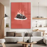 MuchoWow Glasschilderij 120x160 cm - Schilderij acrylglas - Auto - Roze - Vintage - Vlammen - Foto op glas - Schilderijen