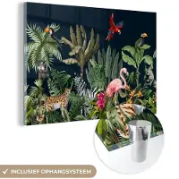 MuchoWow Glasschilderij 60x40 cm - Schilderij acrylglas - Jungle - Planten - Dieren - Kinderen - Flamingo - Zebra - Foto op glas - Schilderijen