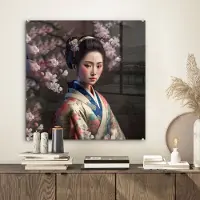 MuchoWow Glasschilderij 50x50 cm - Schilderij acrylglas - Vrouw - Sakura - Kimono - Aziatisch - Portret - Foto op glas - Schilderijen