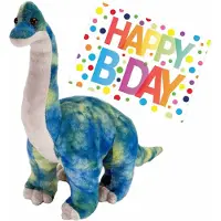 Wild republic Pluche knuffel Dino Brachiosaurus van 25 cm met A5-size Happy Birthday wenskaart - Knuffeldier