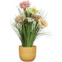 Everlands Kunstbloemen boeket roze - in pot okergeel - keramiek - H40 cm - Kunstbloemen