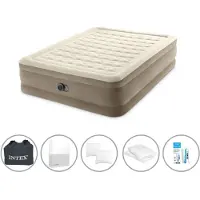 Intex luchtbed - 2 personen - 152 x 203 x 46 cm - Beige - Met ingebouwde pomp + spannenlaken wit + hoofdkussen + molton 2-in-1 kussenhoezen + reparatieset