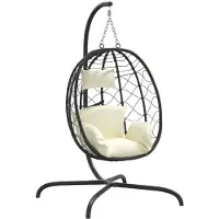 vidaXL Hangende Ei-stoel met Kussen Crèmewit Poly Rattan & Staal