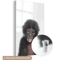 MuchoWow Glasschilderij 100x150 cm - Schilderij acrylglas - Aap - Dieren - Natuur - Chimpansee - Foto op glas - Schilderijen