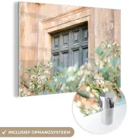 MuchoWow Glasschilderij 180x120 cm - Schilderij acrylglas - Architectuur - Deur - Bloemen - Groen - Vintage - Foto op glas - Schilderijen