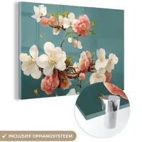 MuchoWow Glasschilderij 180x120 cm - Schilderij acrylglas - Bloemen - Bloesem - Kersen - Tak - Wit - Foto op glas - Muurdecoratie woonkamer - Wanddecoratie slaapkamer - Schilderijen