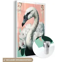 MuchoWow Glasschilderij 20x30 cm - Schilderij acrylglas - Zwaan - Dieren - Bloemen - Pastel - Wit - Foto op glas - Schilderijen