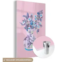 MuchoWow Glasschilderij 80x120 cm - Schilderij acrylglas - Bloemen - Vaas - Roze - Planten - Foto op glas - Schilderijen