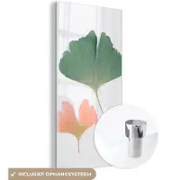 MuchoWow Glasschilderij 60x120 cm - Schilderij acrylglas - Bladeren - Groen - Oranje - Natuur - Foto op glas - Schilderijen