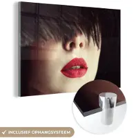 MuchoWow Glasschilderij 150x100 cm - Schilderij acrylglas - Vrouw - Lippen - Rood - Portret - Foto op glas - Schilderijen