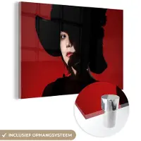 MuchoWow Glasschilderij 180x120 cm - Schilderij acrylglas - Rood - Vrouw - Zwart - Portret - Foto op glas - Schilderijen