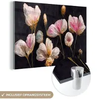 MuchoWow Glasschilderij 180x120 cm - Schilderij acrylglas - Bloemen - Planten - Roze - Zwart - Foto op glas - Muurdecoratie woonkamer - Wanddecoratie slaapkamer - Schilderijen