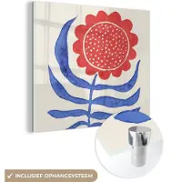 MuchoWow Glasschilderij 90x90 cm - Schilderij acrylglas - Bloem - Plant - Rood - Blauw - Foto op glas - Schilderijen