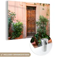 MuchoWow Glasschilderij 180x120 cm - Schilderij acrylglas - Deur - Hout - Planten - Groen - Foto op glas - Schilderijen
