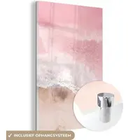 MuchoWow Glasschilderij 20x30 cm - Schilderij acrylglas - Strand - Zee - Roze - Natuur -Golven - Foto op glas - Schilderijen