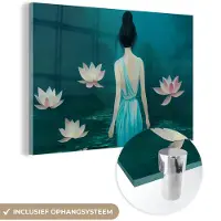 MuchoWow Glasschilderij 180x120 cm - Schilderij acrylglas - Vrouw - Portret - Water - Bloemen - Lelie - Foto op glas - Muurdecoratie woonkamer - Wanddecoratie slaapkamer - Schilderijen