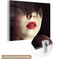 MuchoWow Glasschilderij 160x120 cm - Schilderij acrylglas - Vrouw - Lippen - Rood - Portret - Foto op glas - Schilderijen